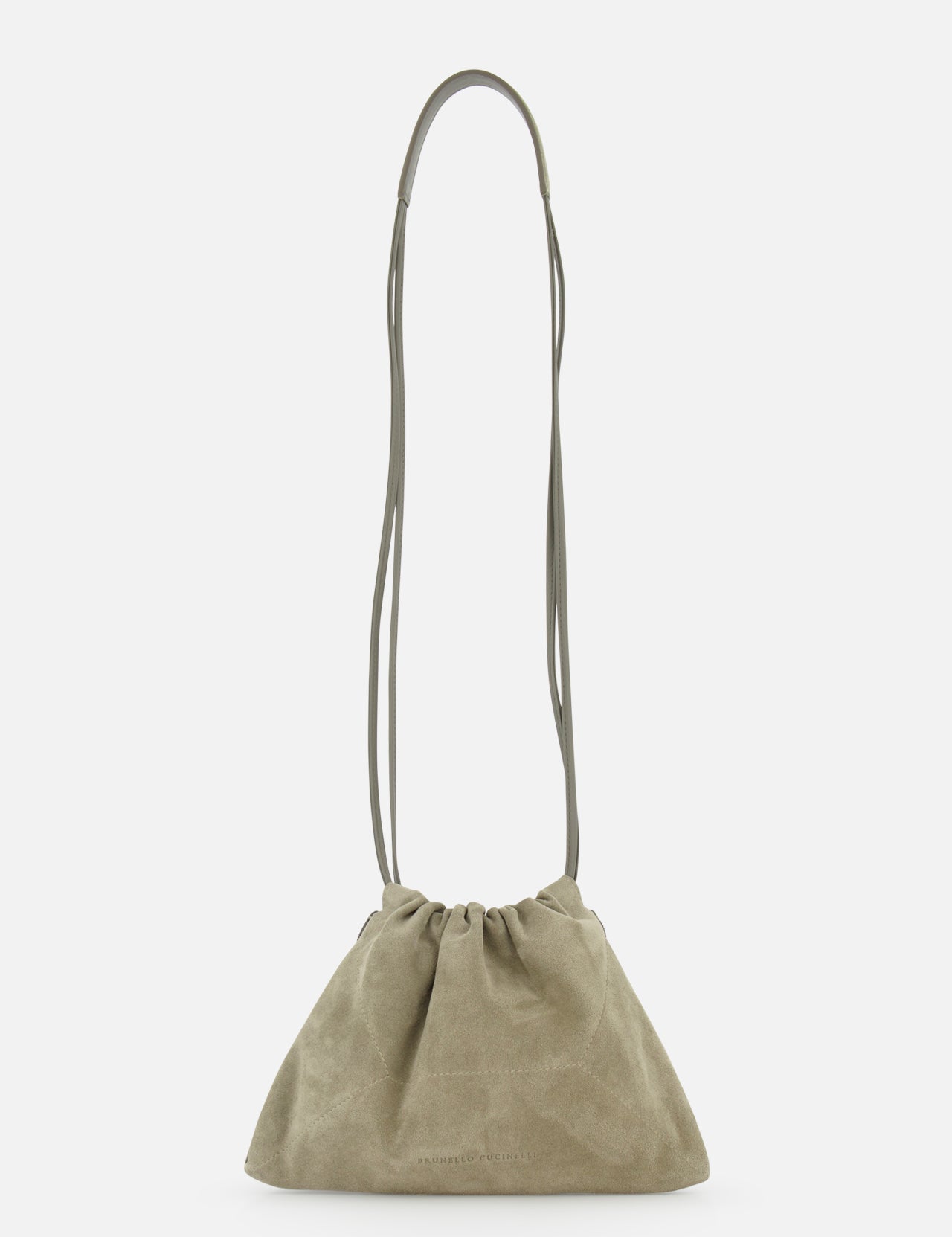 The Soft Suede Mini Pouchette Bag by BRUNELLO CUCINELLI features light olive green suede and leather, a long thin strap, and a soft, slouchy silhouette with minimalist design. Shown against a plain white background.
