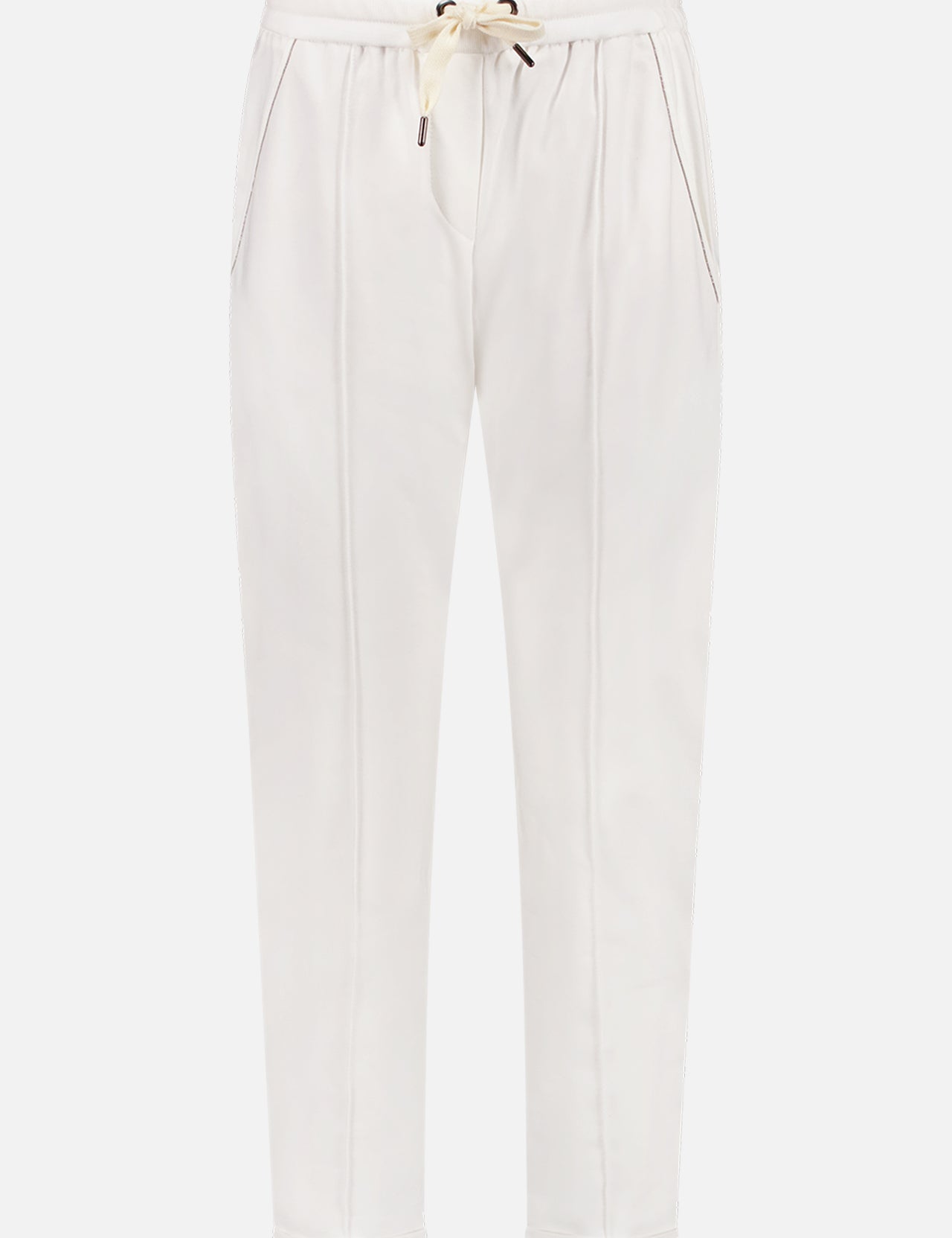 BRUNELLO CUCINELLI Sport Pants in white feature a relaxed silhouette, drawstring waist, side pockets, and visible front seams, shown against a plain white background.