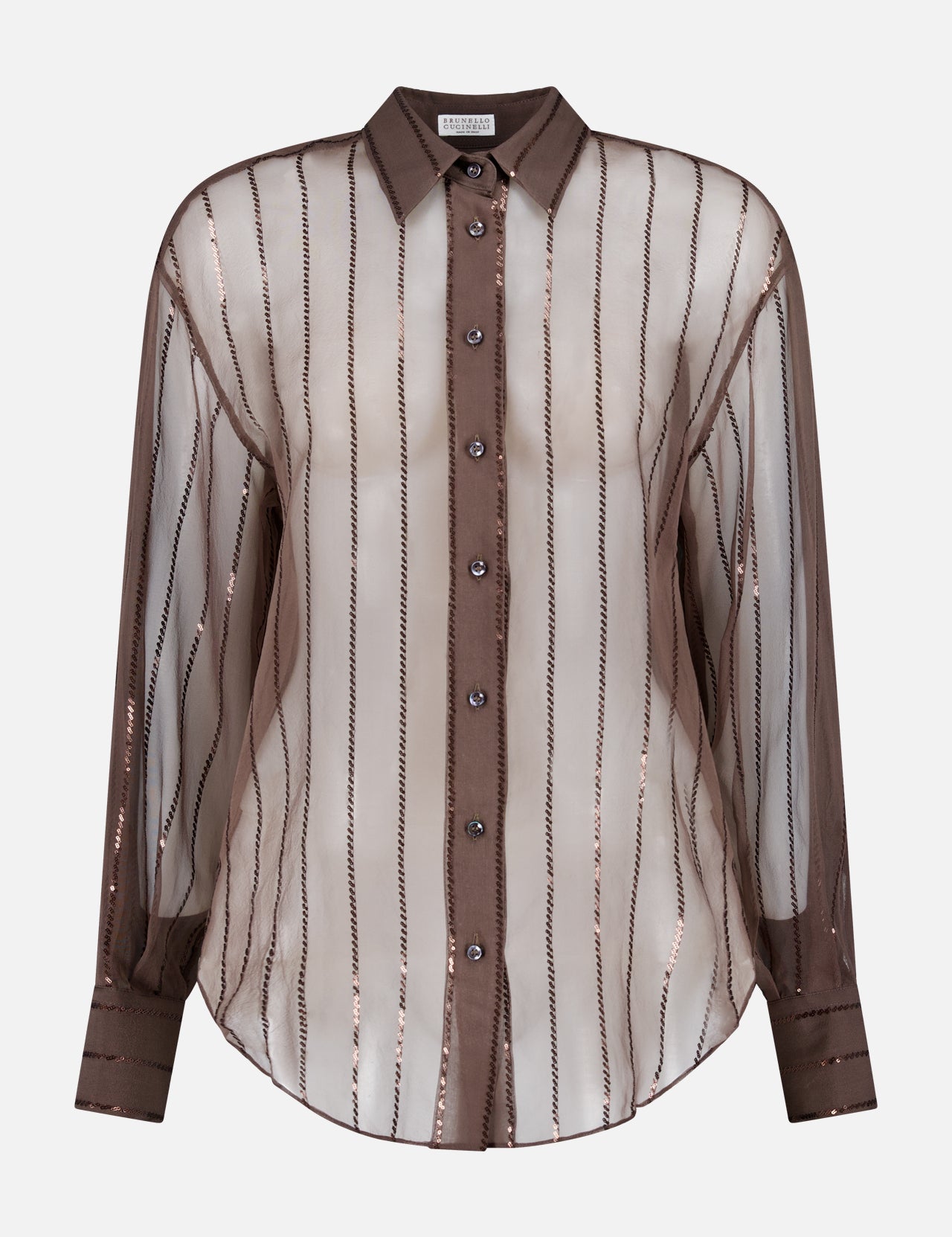 The BRUNELLO CUCINELLI Stripe Sparkling Pailette Button Down Shirt in chocolate brown silk features vertical embroidered stripes, a button-down front, collar, and buttoned cuffs, displayed against a white background.