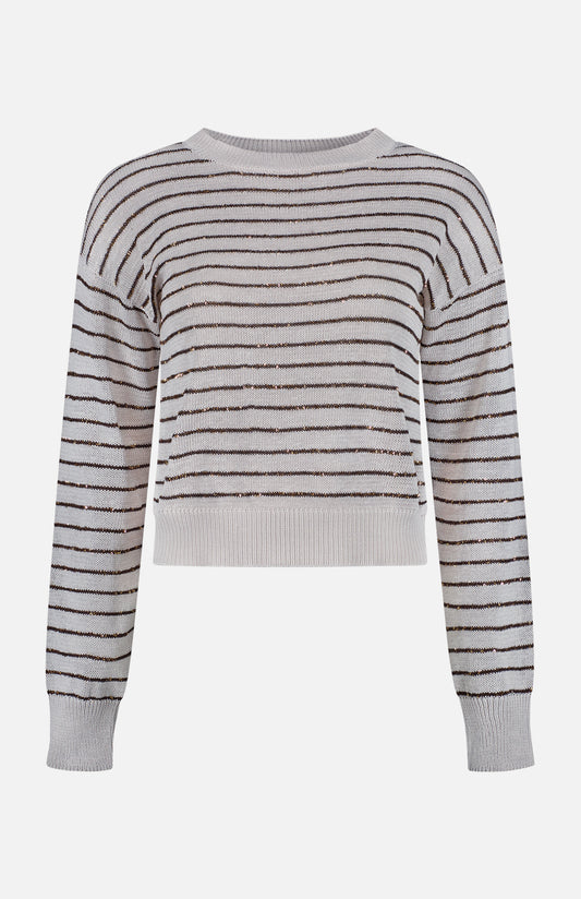 L'AGENCE - Trinity Sequin Stripe V-Neck Sweater in Pale Neutral