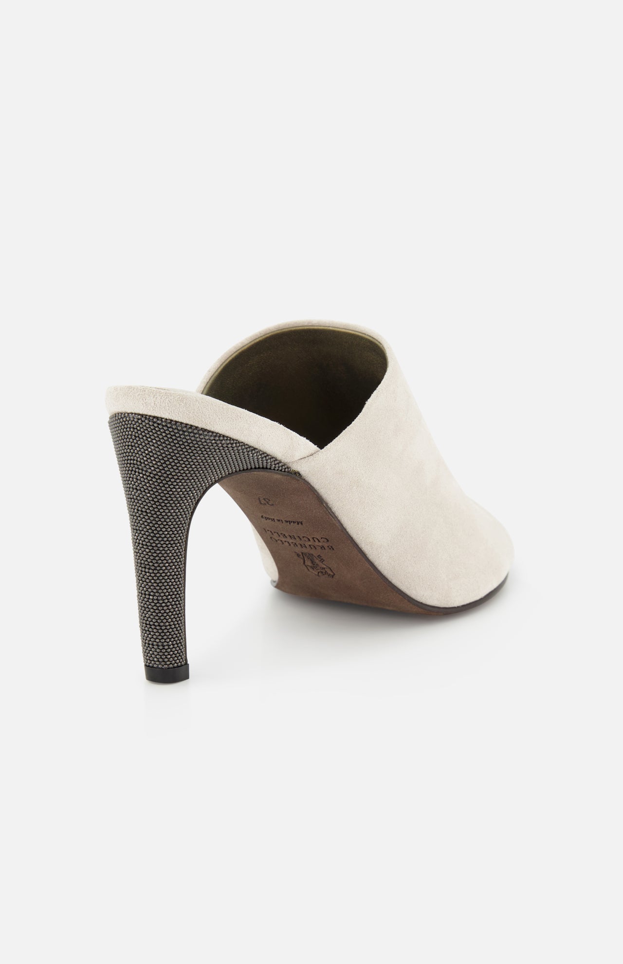 A back view of the BRUNELLO CUCINELLI Suede Curved Monili 80MM Mule Heel in beige, featuring monili embroidery, a textured dark high heel, and an open back, displayed against a white background.