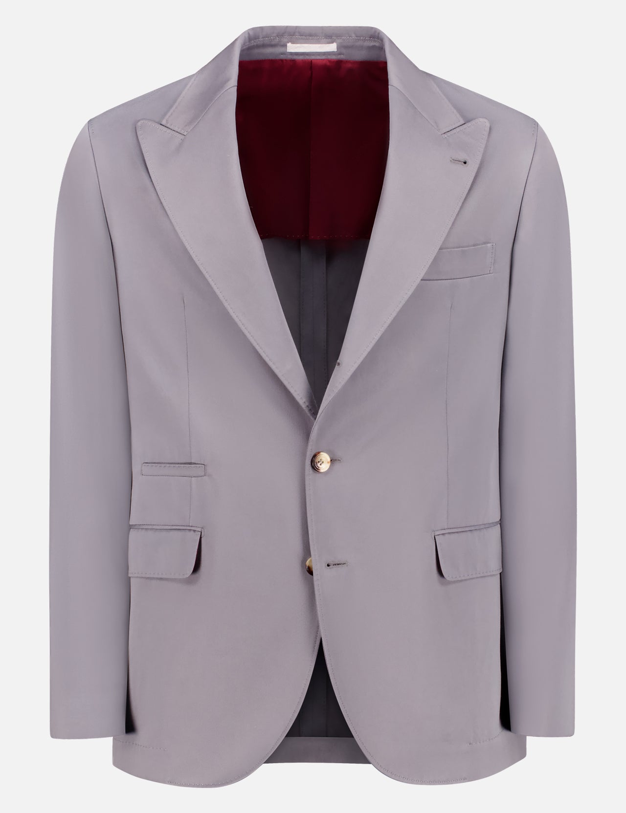 The BRUNELLO CUCINELLI Suit-Type Jacket is a light gray cotton-cashmere blend with peak lapels, gold buttons, and three front pockets. Made in Italy, it features a deep red lining and is displayed on a plain white background.