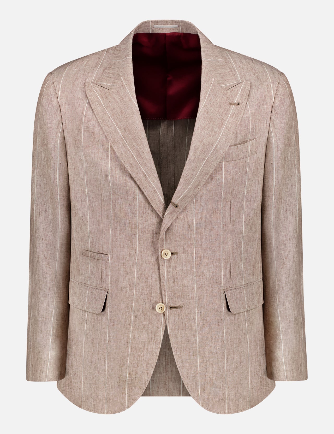 The BRUNELLO CUCINELLI Striped Single-breasted Linen Jacket features beige pinstripes, notch lapels, two front buttons, three flap pockets, and a burgundy inner lining, shown against a plain white background.