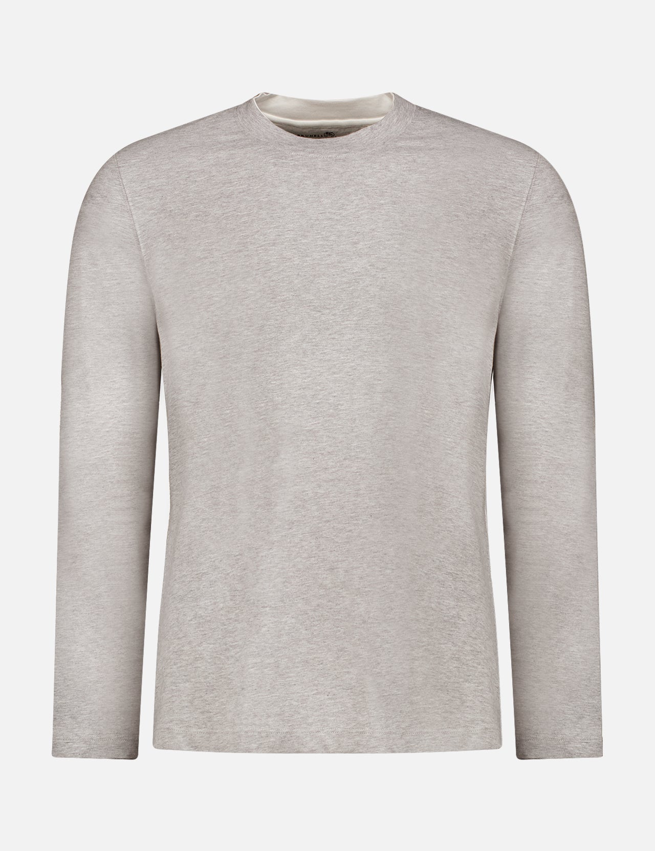 The BRUNELLO CUCINELLI T-Shirt is a plain light grey long sleeve with a classic cotton crew neck, shown from the front on a white background, featuring no logos or patterns.