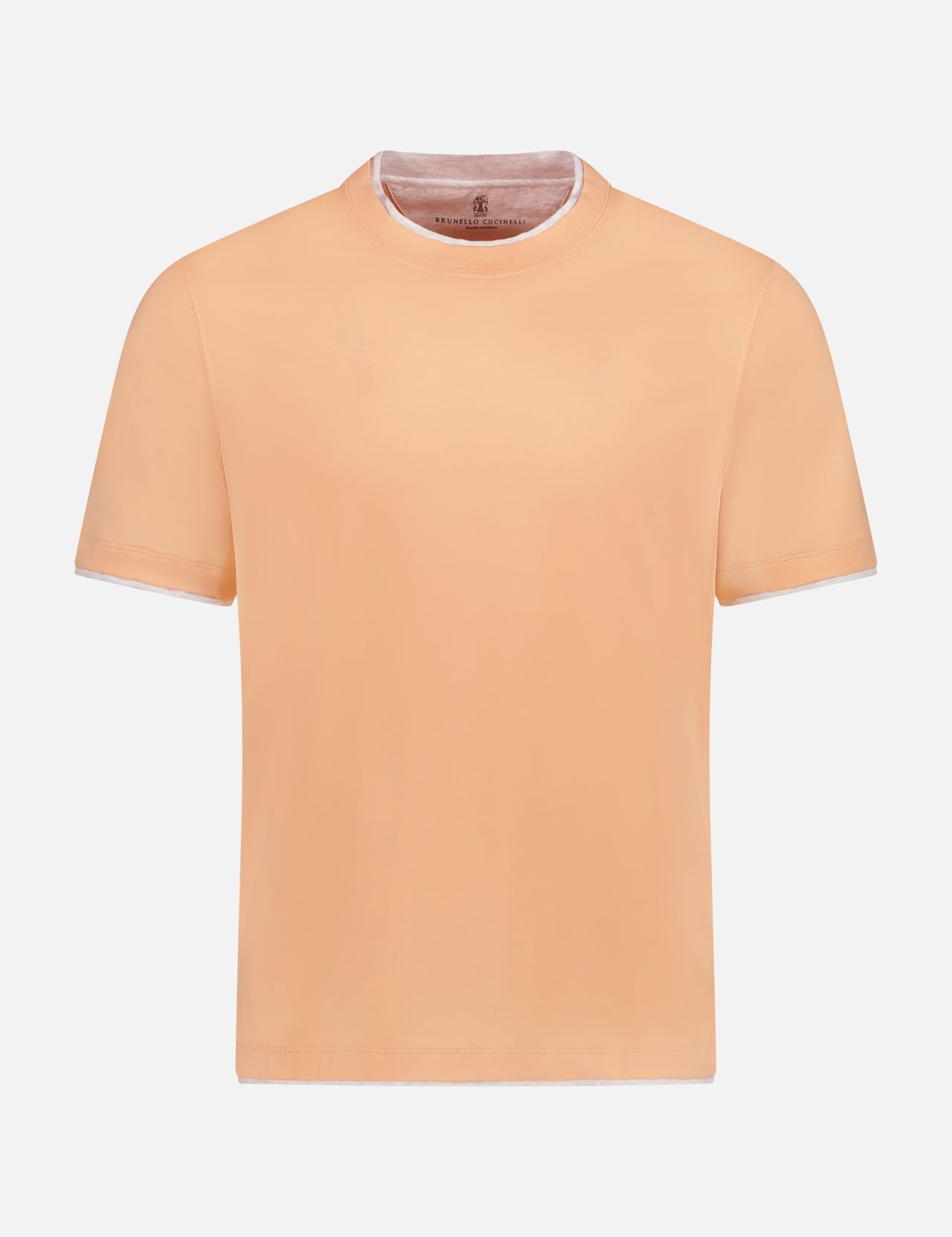 BRUNELLO CUCINELLI Faux Layered Crew Neck T-Shirt in peach cotton, featuring short sleeves and a classic crew neck, made in Italy, shown on a plain white background.