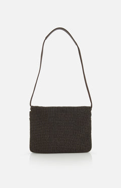 The 3D Monili Net Embroidery Evening Pouch Bag by BRUNELLO CUCINELLI, a rectangular black leather pochette with textured detailing and a single strap, is shown against a plain white background.
