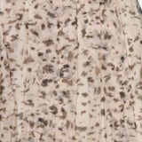 Close-up of the Artemis Animalier Print Silk Pleated Skirt by BRUNELLO CUCINELLI, showcasing its light beige silk fabric with loose pleats. The skirt features an abstract animalier-inspired print in mottled brown, tan, and gray tones, reminiscent of watercolor spots—perfect for a chic midi look.