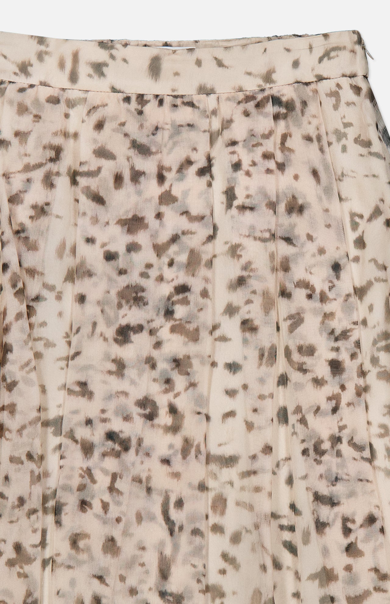 Close-up of the Artemis Animalier Print Silk Pleated Skirt by BRUNELLO CUCINELLI, showcasing its light beige silk fabric with loose pleats. The skirt features an abstract animalier-inspired print in mottled brown, tan, and gray tones, reminiscent of watercolor spots—perfect for a chic midi look.