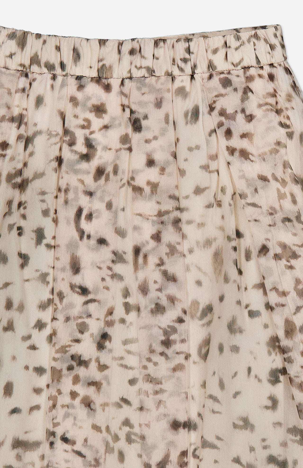 Close-up of the Artemis Animalier Print Silk Pleated Skirt by BRUNELLO CUCINELLI, featuring soft, light beige silk fabric with abstract brown and gray spotted patterns reminiscent of animal print. The skirt appears slightly sheer with elegant pleats and a gathered waistband—perfect for a sophisticated midi skirt look.