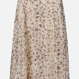 The Artemis Animalier Print Silk Pleated Skirt by BRUNELLO CUCINELLI features a cream-colored silk organza design with a high waist, soft pleats, and light brown abstract spots, crafted from a lightweight, flowy fabric.