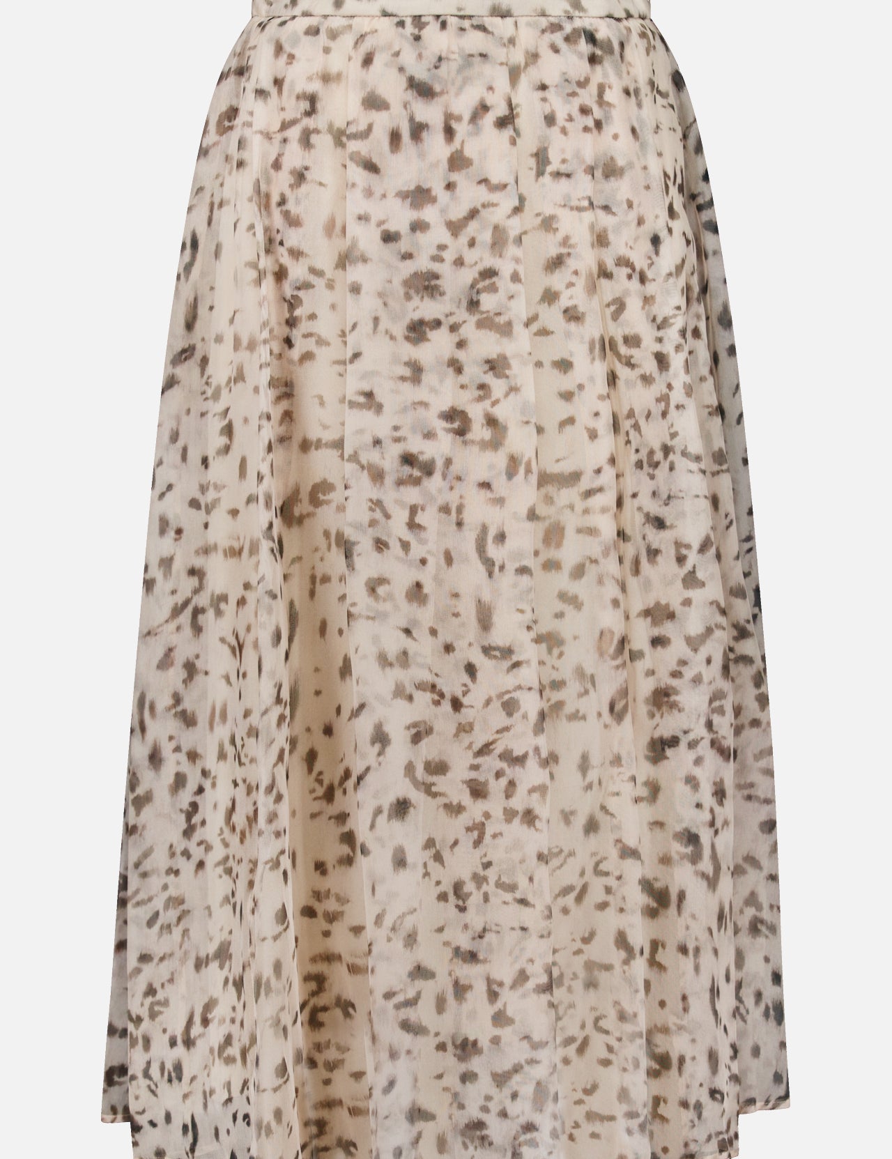The Artemis Animalier Print Silk Pleated Skirt by BRUNELLO CUCINELLI features a cream-colored silk organza design with a high waist, soft pleats, and light brown abstract spots, crafted from a lightweight, flowy fabric.