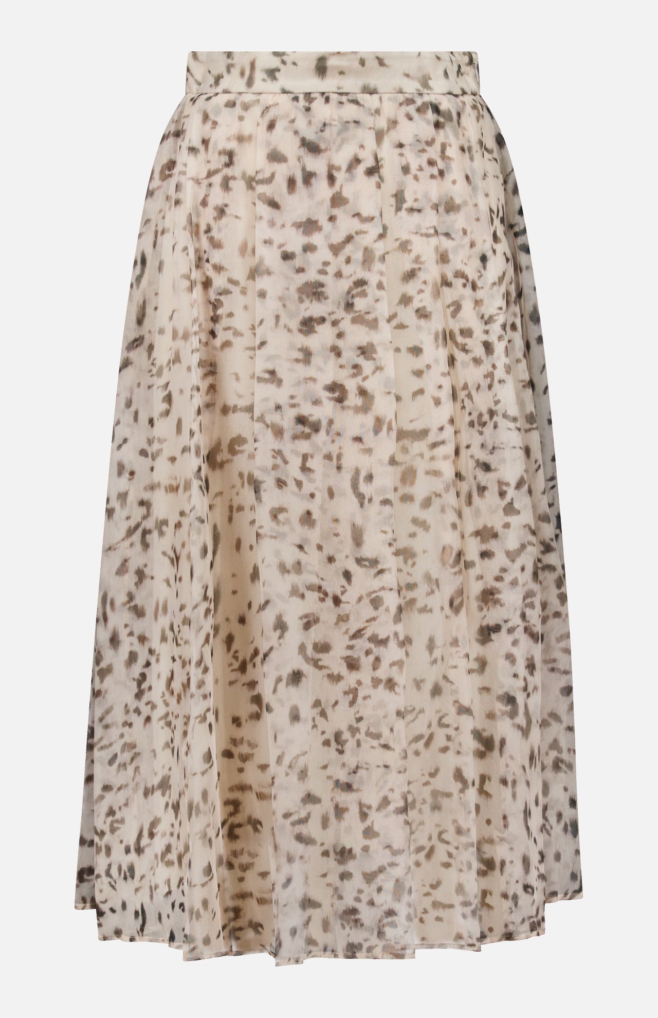 The Artemis Animalier Print Silk Pleated Skirt by BRUNELLO CUCINELLI features a cream-colored silk organza design with a high waist, soft pleats, and light brown abstract spots, crafted from a lightweight, flowy fabric.