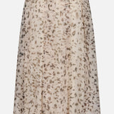 The Artemis Animalier Print Silk Pleated Skirt by BRUNELLO CUCINELLI features a beige, light brown, and gray abstract leopard pattern on sheer fabric and is designed with an elastic waistband.