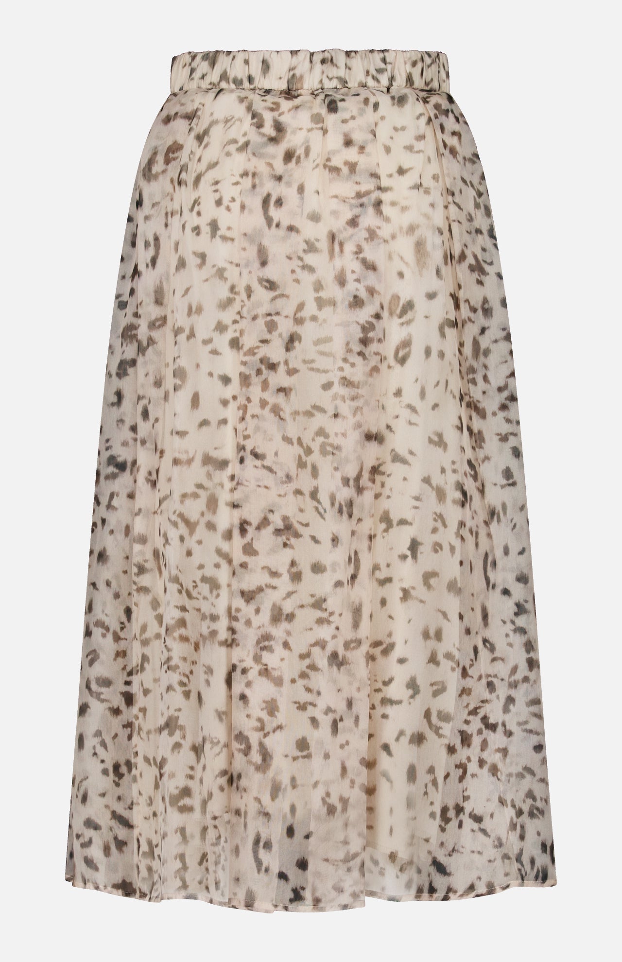 The Artemis Animalier Print Silk Pleated Skirt by BRUNELLO CUCINELLI features a beige, light brown, and gray abstract leopard pattern on sheer fabric and is designed with an elastic waistband.