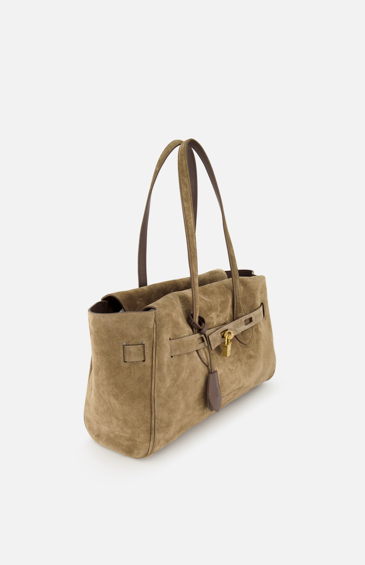 The Explorer Suede Medium Shopper Bag by BRUNELLO CUCINELLI is a taupe shoulder bag crafted from suede, featuring double handles, a strap and buckle closure, and an accent brown leather tag. This travel-inspired accessory is displayed against a plain white background.