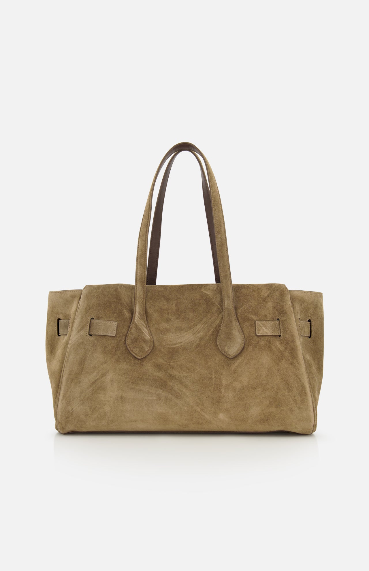 The Explorer Suede Medium Shopper Bag by BRUNELLO CUCINELLI is a spacious taupe suede shoulder bag featuring two elongated handles, a rectangular silhouette, and refined stitching accents—crafted in Italy with travel-inspired design, shown against a plain white background.