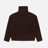 A dark brown, ribbed, long-sleeve Cashmere Double Shiny Rub Zip Cardigan Sweater from BRUNELLO CUCINELLI is laid flat on a white background, displayed from the back.
