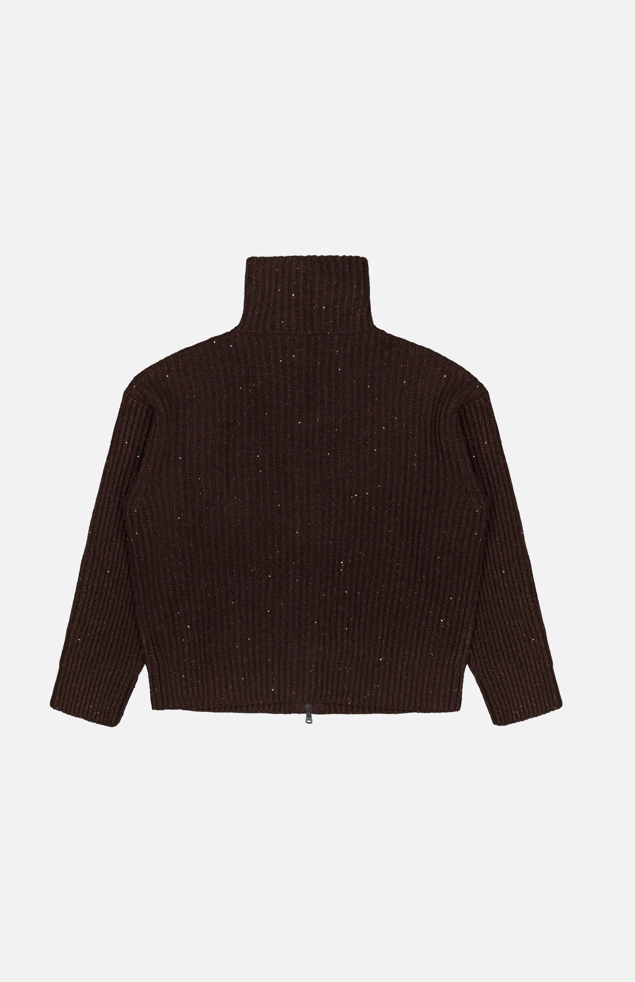 A dark brown, ribbed, long-sleeve Cashmere Double Shiny Rub Zip Cardigan Sweater from BRUNELLO CUCINELLI is laid flat on a white background, displayed from the back.