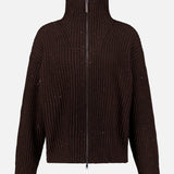 The BRUNELLO CUCINELLI Cashmere Double Shiny Rub Zip Cardigan Sweater in dark brown features a ribbed knit design, high collar, full-length sleeves, and subtle sequin embellishments. The sweater is displayed on a plain white background.