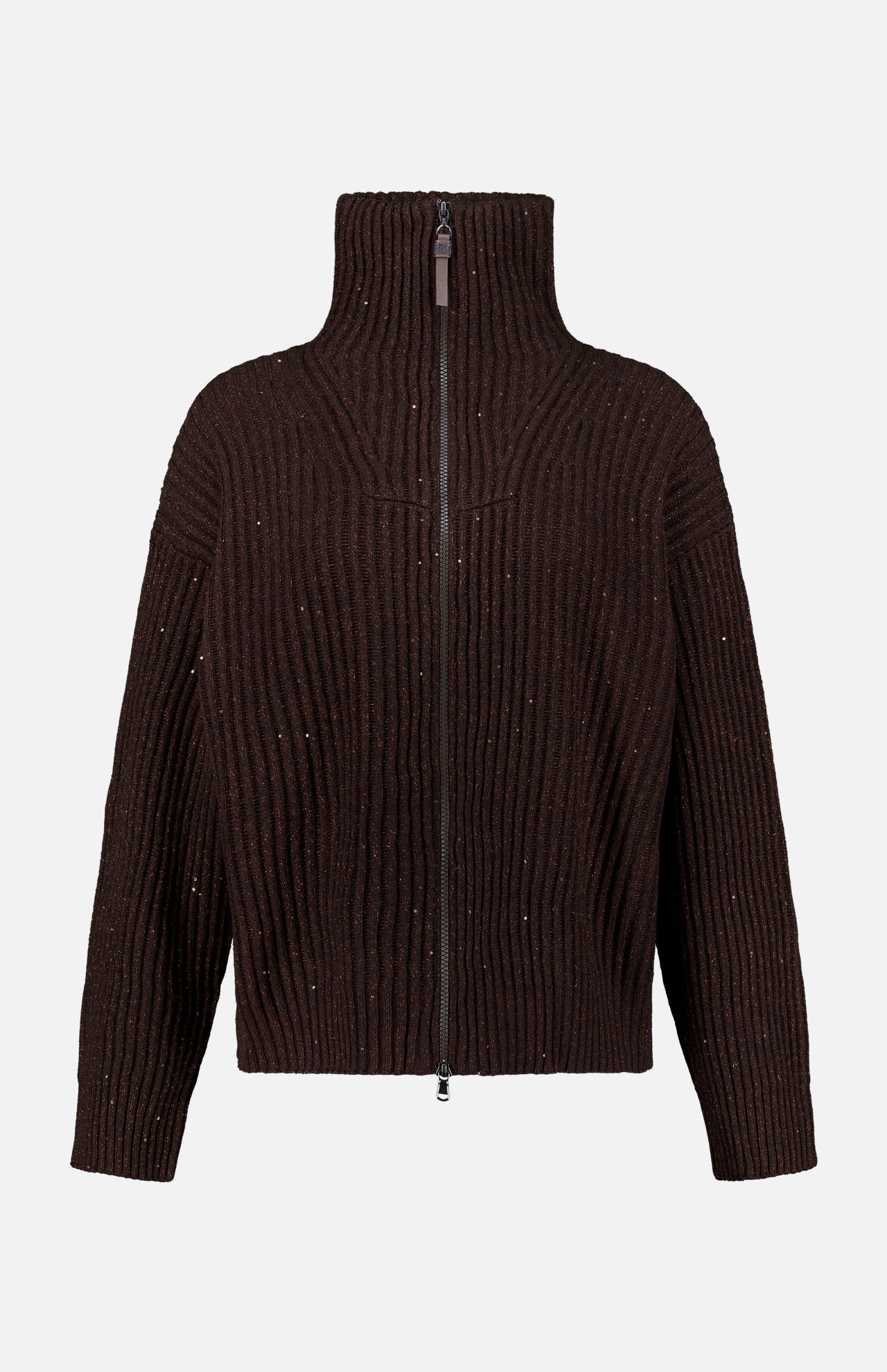 The BRUNELLO CUCINELLI Cashmere Double Shiny Rub Zip Cardigan Sweater in dark brown features a ribbed knit design, high collar, full-length sleeves, and subtle sequin embellishments. The sweater is displayed on a plain white background.