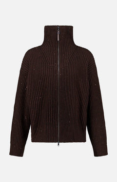 The BRUNELLO CUCINELLI Cashmere Double Shiny Rub Zip Cardigan Sweater in dark brown features a ribbed knit design, high collar, full-length sleeves, and subtle sequin embellishments. The sweater is displayed on a plain white background.