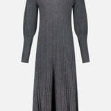 The BRUNELLO CUCINELLI Cashmere Stretch Lurex Rib Knit Dress features long sleeves, a flattering V-neckline, and a flared pleated skirt crafted from a dark grey cashmere-blend ribbed knit, beautifully presented against a plain white background.