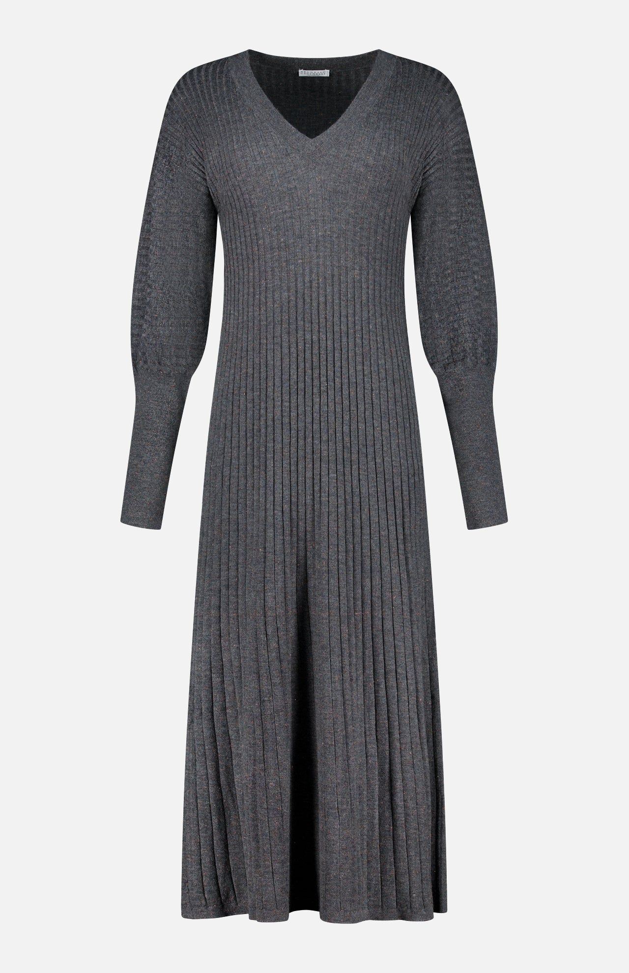 The BRUNELLO CUCINELLI Cashmere Stretch Lurex Rib Knit Dress features long sleeves, a flattering V-neckline, and a flared pleated skirt crafted from a dark grey cashmere-blend ribbed knit, beautifully presented against a plain white background.