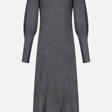 The BRUNELLO CUCINELLI Cashmere Stretch Lurex Rib Knit Dress is a long-sleeved, dark grey garment crafted from a ribbed cashmere-blend knit. Designed with a round neckline, this dress features a fitted bodice, slightly puffed sleeves, and a flared skirt, and is presented against a plain white background.