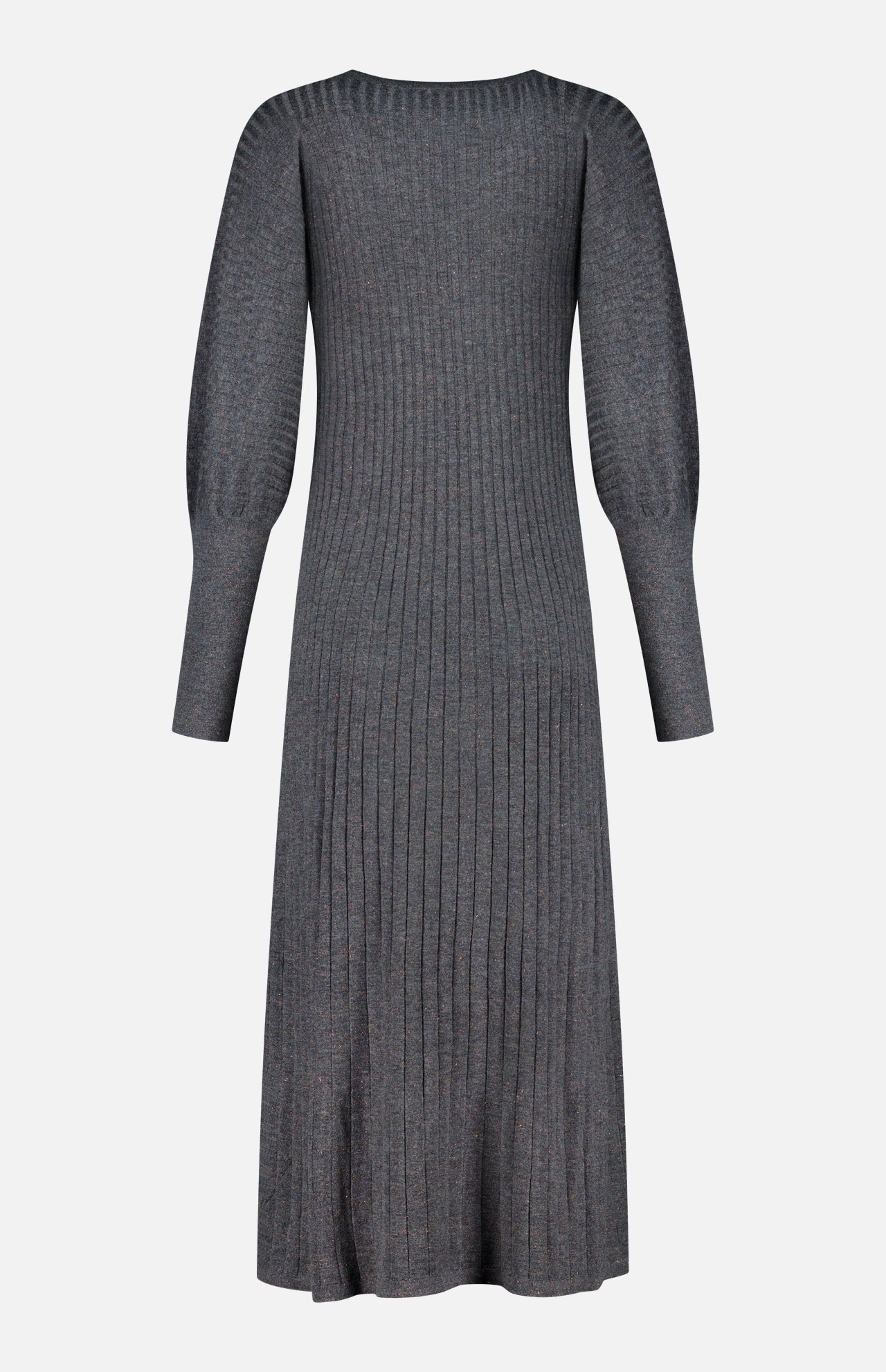 The BRUNELLO CUCINELLI Cashmere Stretch Lurex Rib Knit Dress is a long-sleeved, dark grey garment crafted from a ribbed cashmere-blend knit. Designed with a round neckline, this dress features a fitted bodice, slightly puffed sleeves, and a flared skirt, and is presented against a plain white background.