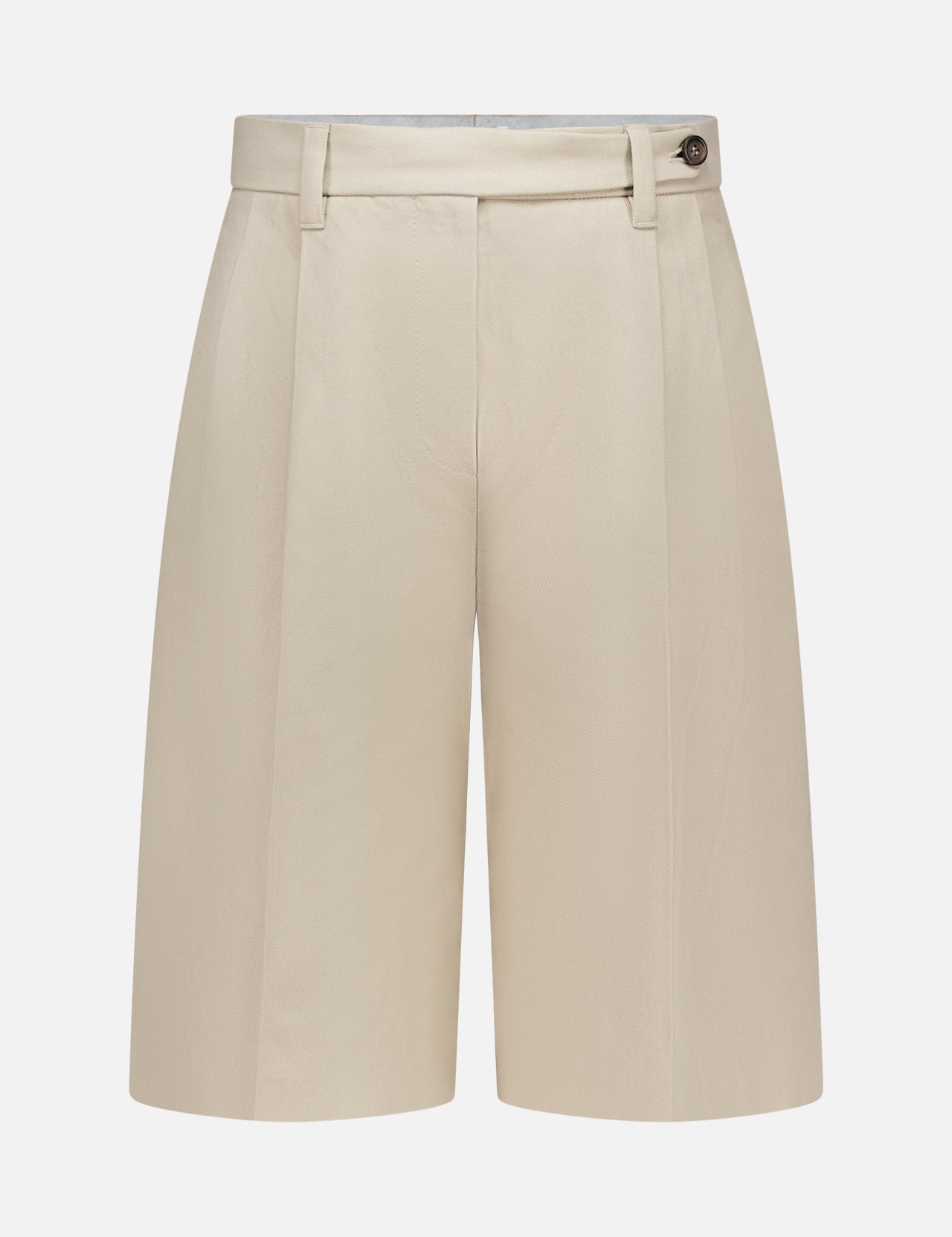 The BRUNELLO CUCINELLI Cotton Linen Bull Bermuda Pleated Short features front pleats, belt loops, and a button detail at the waistband, shown in beige on a plain white background.
