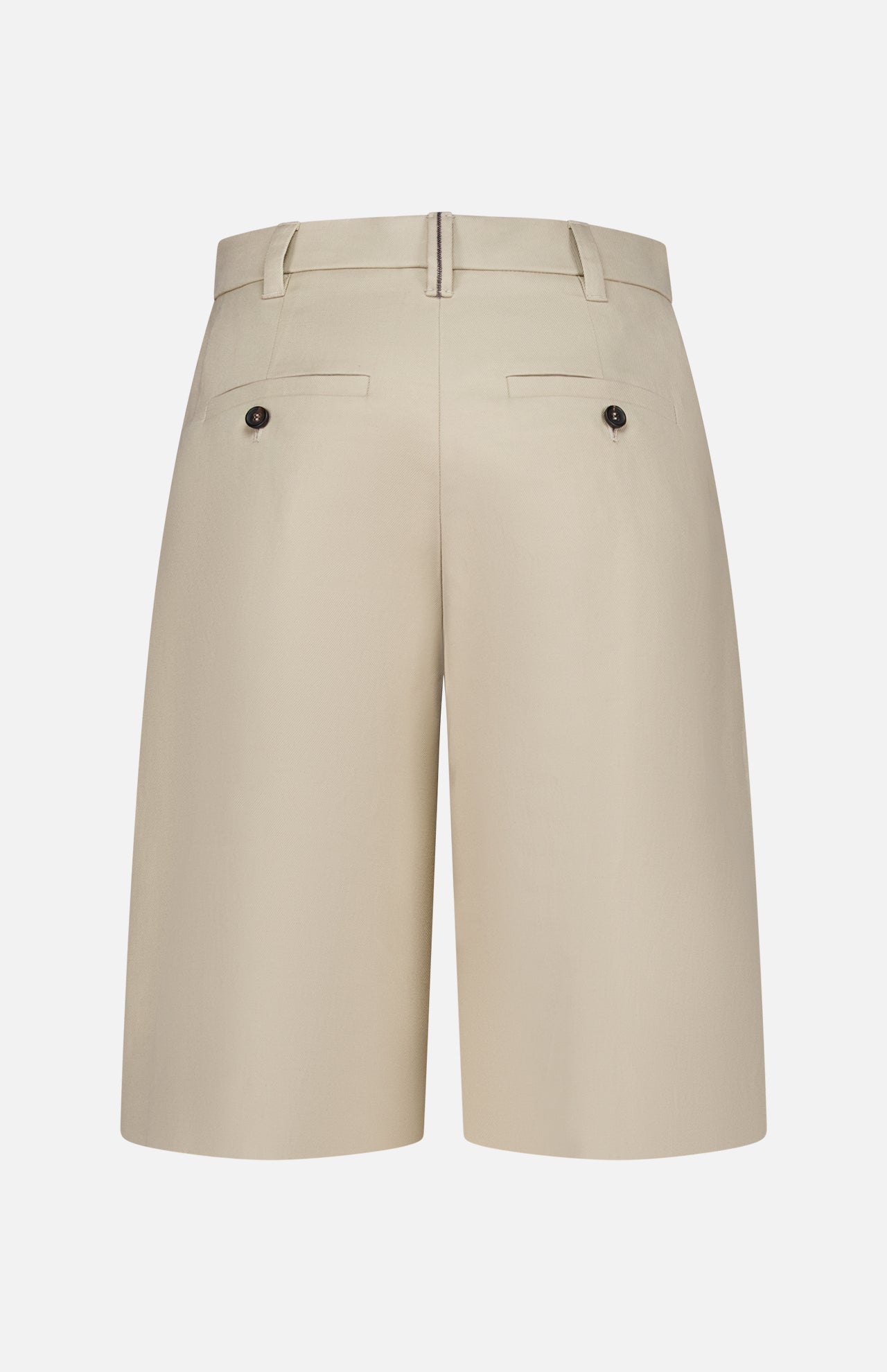 Back view of BRUNELLO CUCINELLI Cotton Linen Bull Bermuda Pleated Short in beige, featuring belt loops, two buttoned welt pockets, and a fitted waistband against a plain white background.