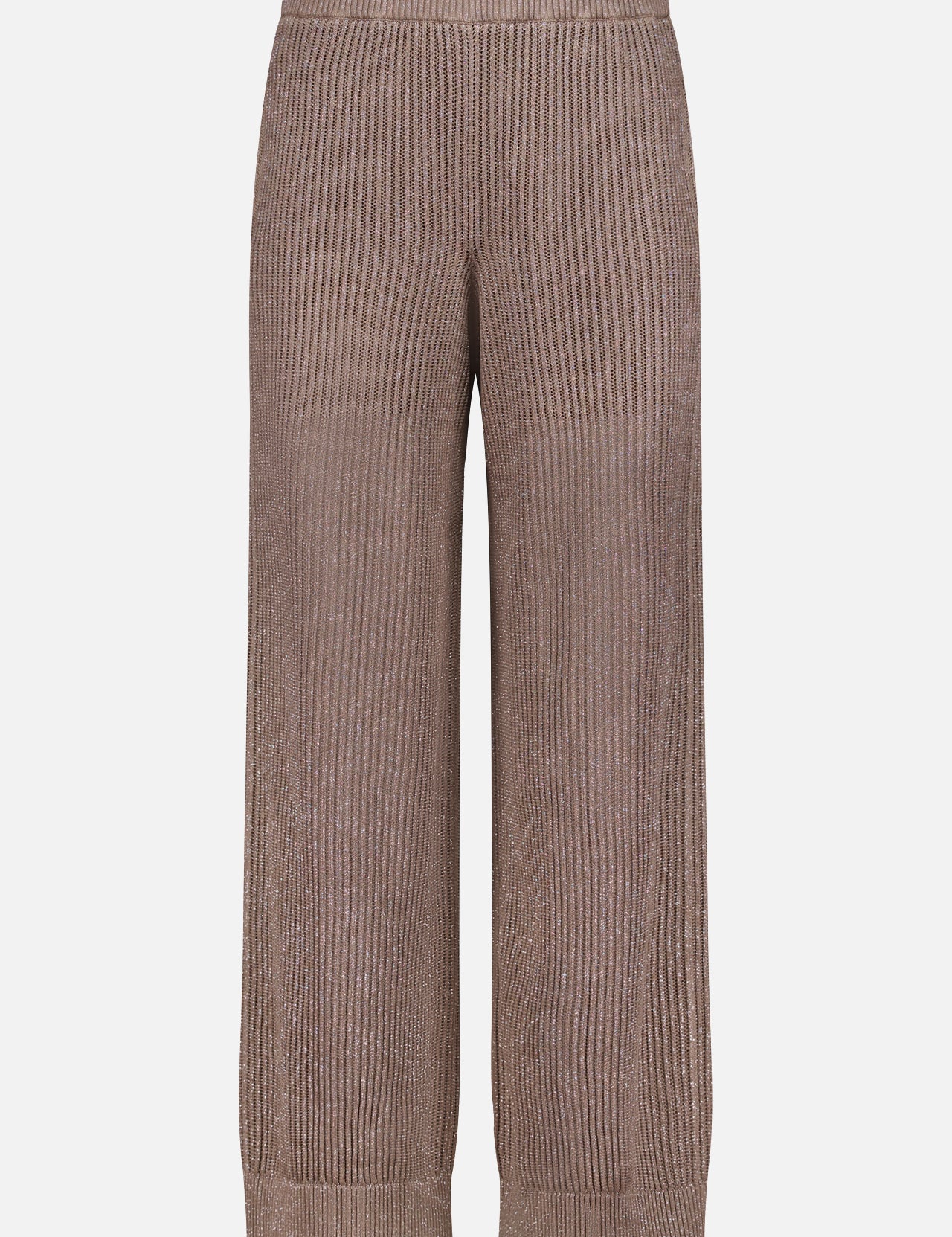 The BRUNELLO CUCINELLI Cotton Lurex Ribbed Knit Trouser Pants feature a taupe, wide-leg, high-waisted design with ribbed texture and an elastic waistband, crafted from a soft cotton blend and shown against a white background.