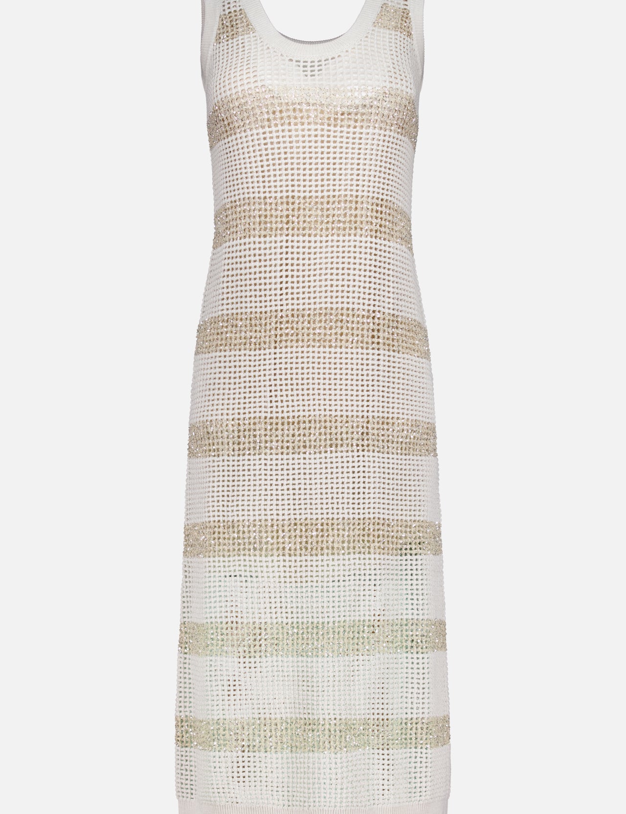The Cotton Pailette Stripe Scoop Neck Midi Dress by BRUNELLO CUCINELLI features beige and white horizontal stripes, a sleeveless scoop neckline, open-knit design, straight silhouette, and Italian craftsmanship for timeless style.