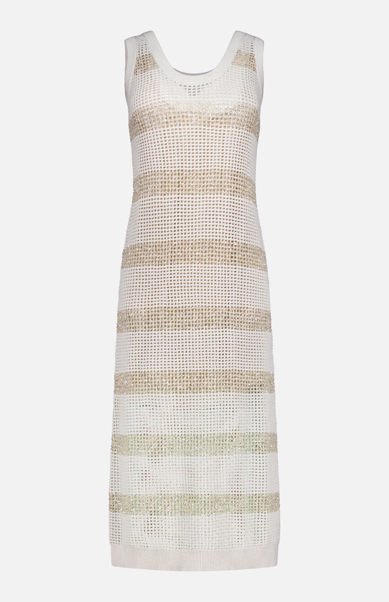 The Cotton Pailette Stripe Scoop Neck Midi Dress by BRUNELLO CUCINELLI features beige and white horizontal stripes, a sleeveless scoop neckline, open-knit design, straight silhouette, and Italian craftsmanship for timeless style.