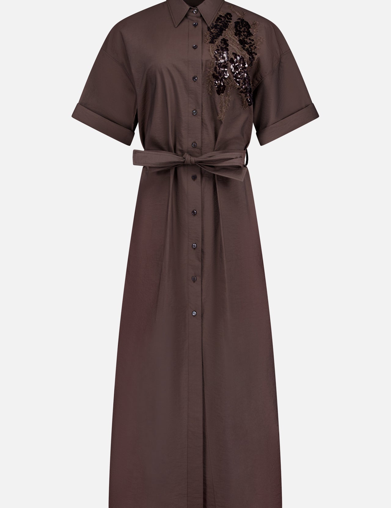 The BRUNELLO CUCINELLI Cotton Poplin Halo Embroidery Shirt Dress is a dark brown, short-sleeved, button-down midi dress with a tied waist belt and sequin detail on the upper left, shown on a white background.