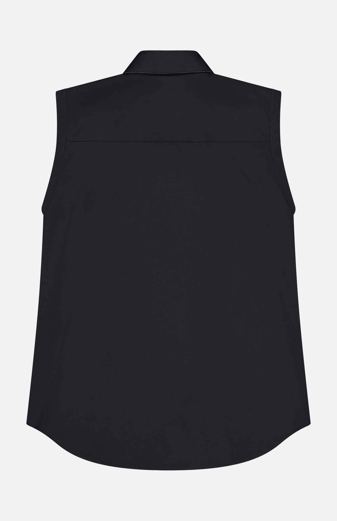 The BRUNELLO CUCINELLI Cotton Poplin Sleeveless Top with Monili Collar is shown from the back, highlighting its collared neckline, curved hem, and yoke across the shoulders against a plain white background.
