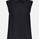 The BRUNELLO CUCINELLI Cotton Poplin Sleeveless Top features a pointed monili-trimmed collar and concealed front buttons, shown in black against a plain white background.