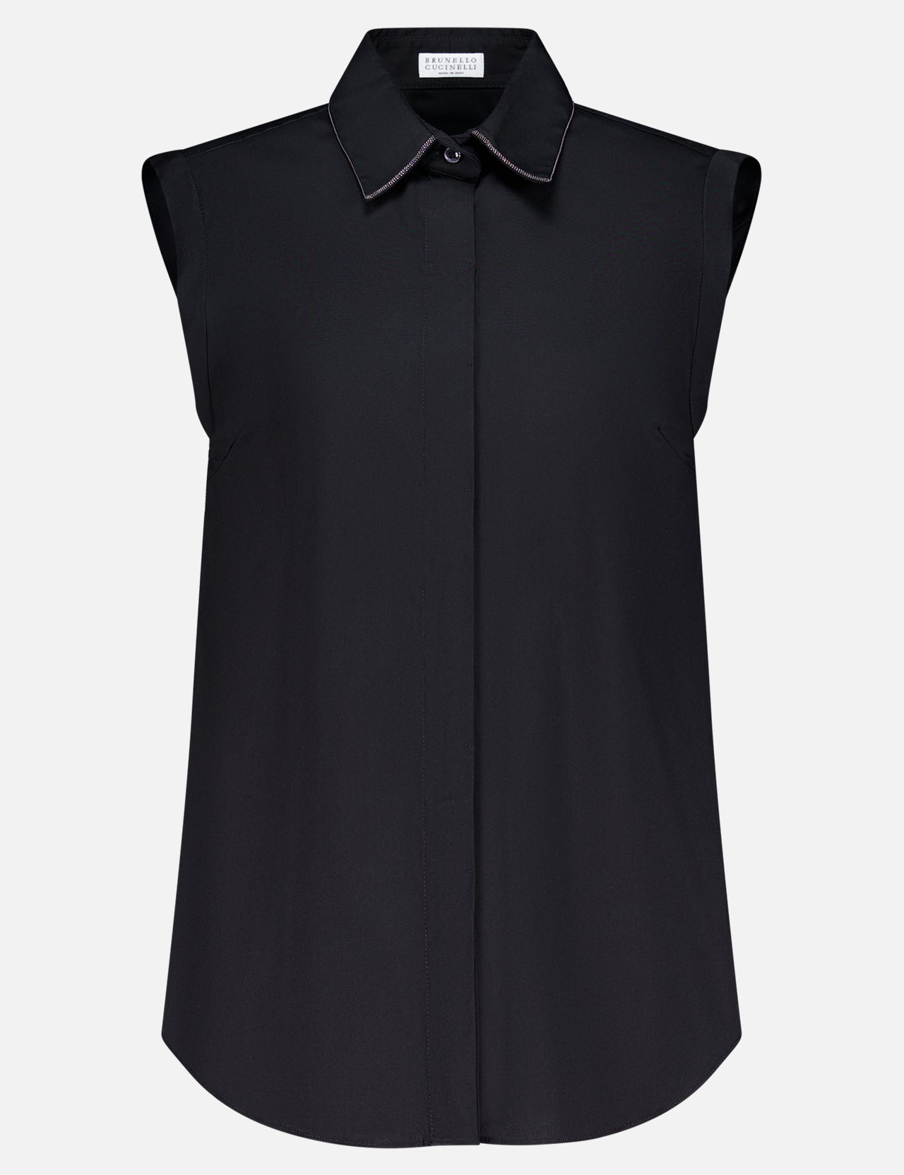 The BRUNELLO CUCINELLI Cotton Poplin Sleeveless Top features a pointed monili-trimmed collar and concealed front buttons, shown in black against a plain white background.