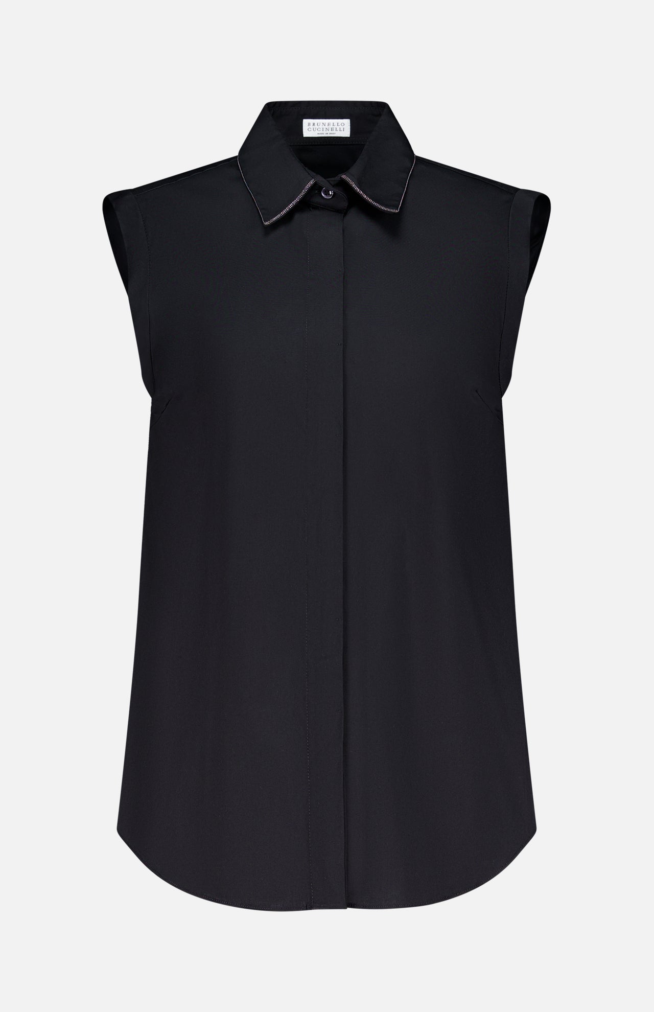 The BRUNELLO CUCINELLI Cotton Poplin Sleeveless Top features a pointed monili-trimmed collar and concealed front buttons, shown in black against a plain white background.