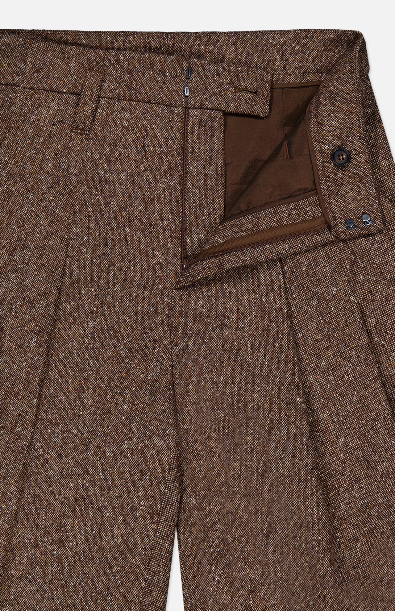 Close-up of BRUNELLO CUCINELLI Donegal Wool Barrel Pleated Pant in brown tweed, highlighting the pleated front, waistband with belt loops, open zipper, button closure, and a glimpse of the inside lining in a classic barrel fit.
