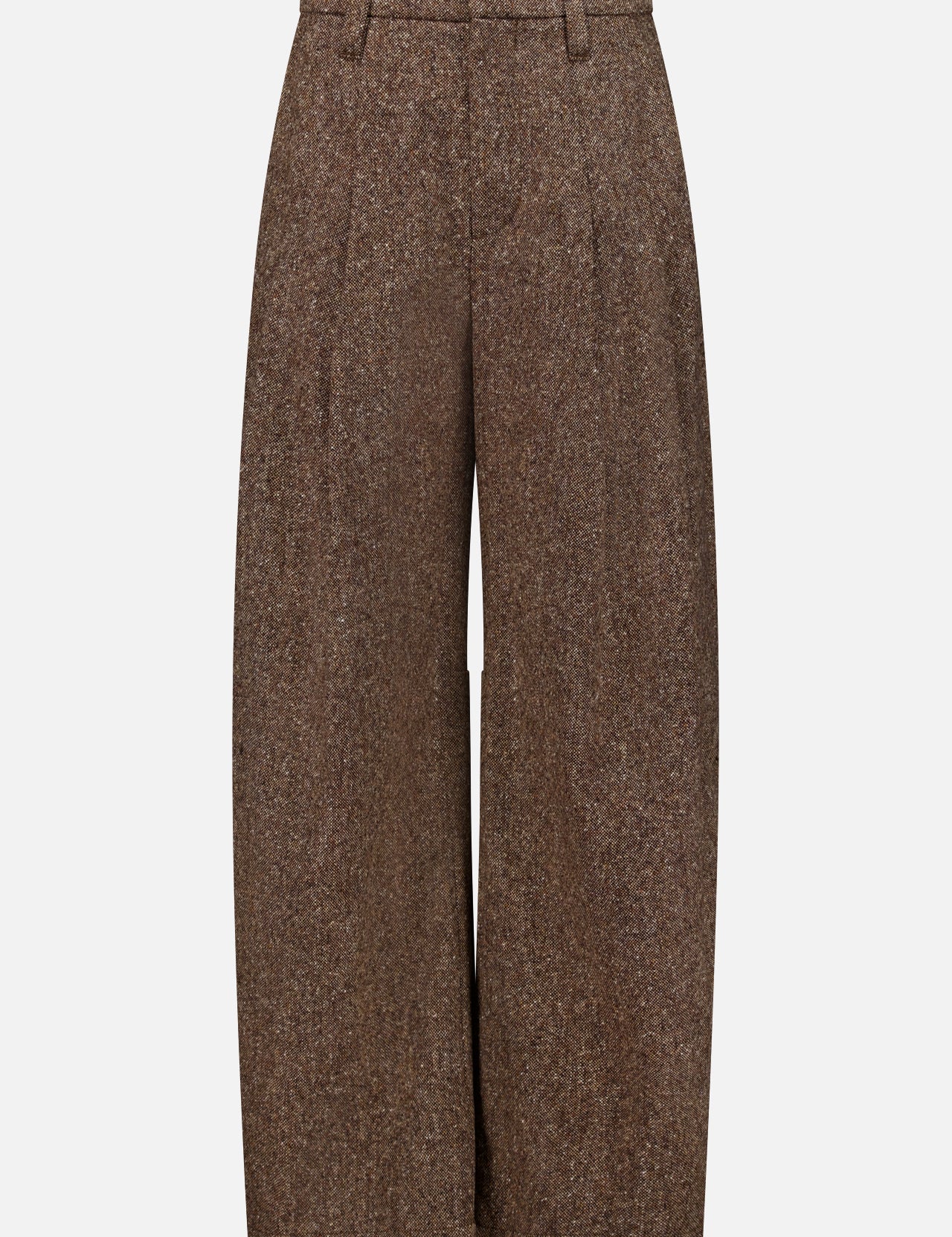 The Donegal Wool Barrel Pleated Pant by BRUNELLO CUCINELLI features a wide-leg silhouette in brown tweed wool, designed with pleats, belt loops, and a high waist in a barrel fit. Displayed on a white background and inspired by the brand’s refined craftsmanship.