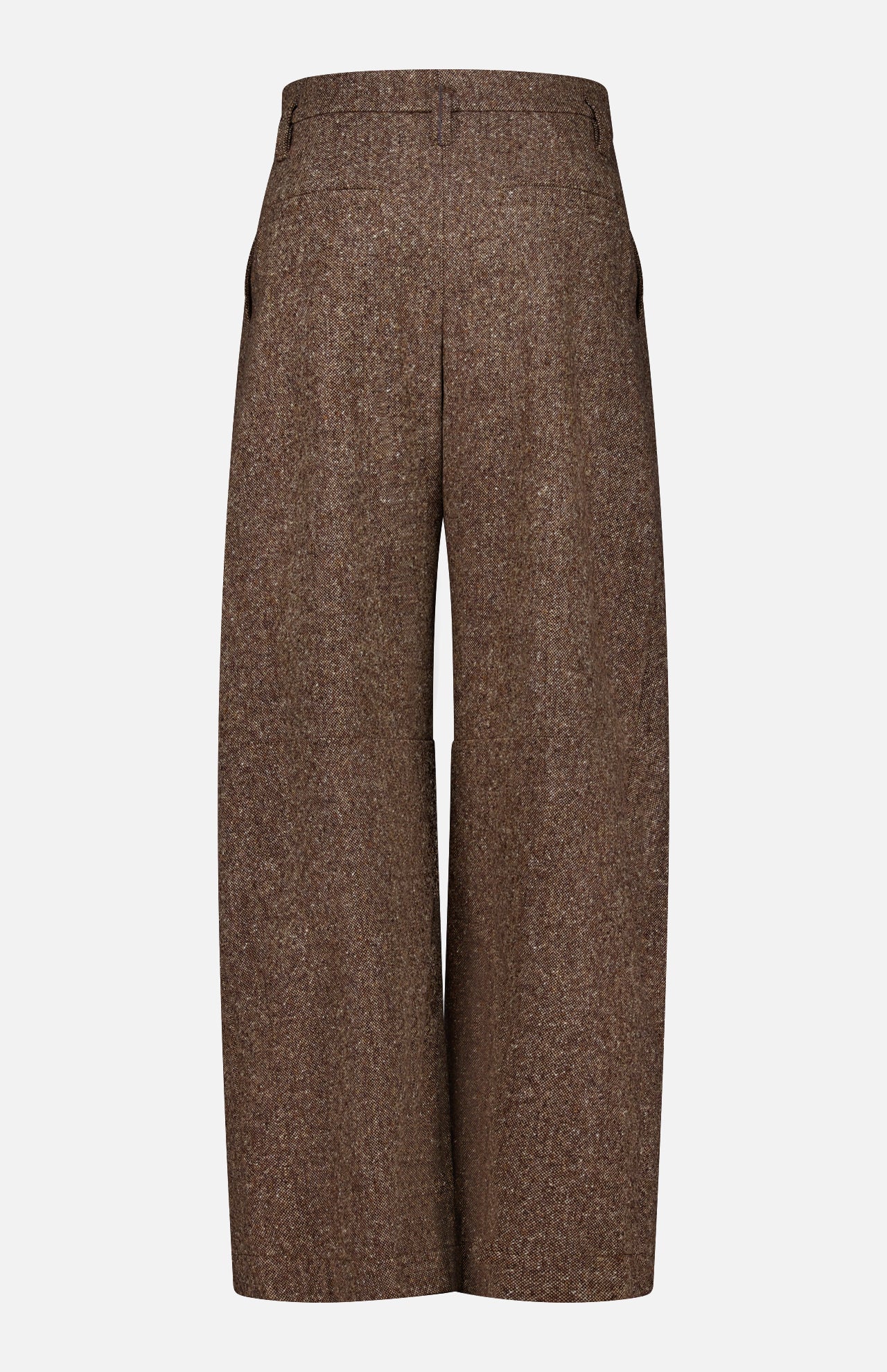 The Donegal Wool Barrel Pleated Pant by BRUNELLO CUCINELLI features a wide-leg, high-waist silhouette in brown tweed wool, detailed with belt loops and side pockets, showcased from the front against a plain white background in true Brunello Cucinelli style.