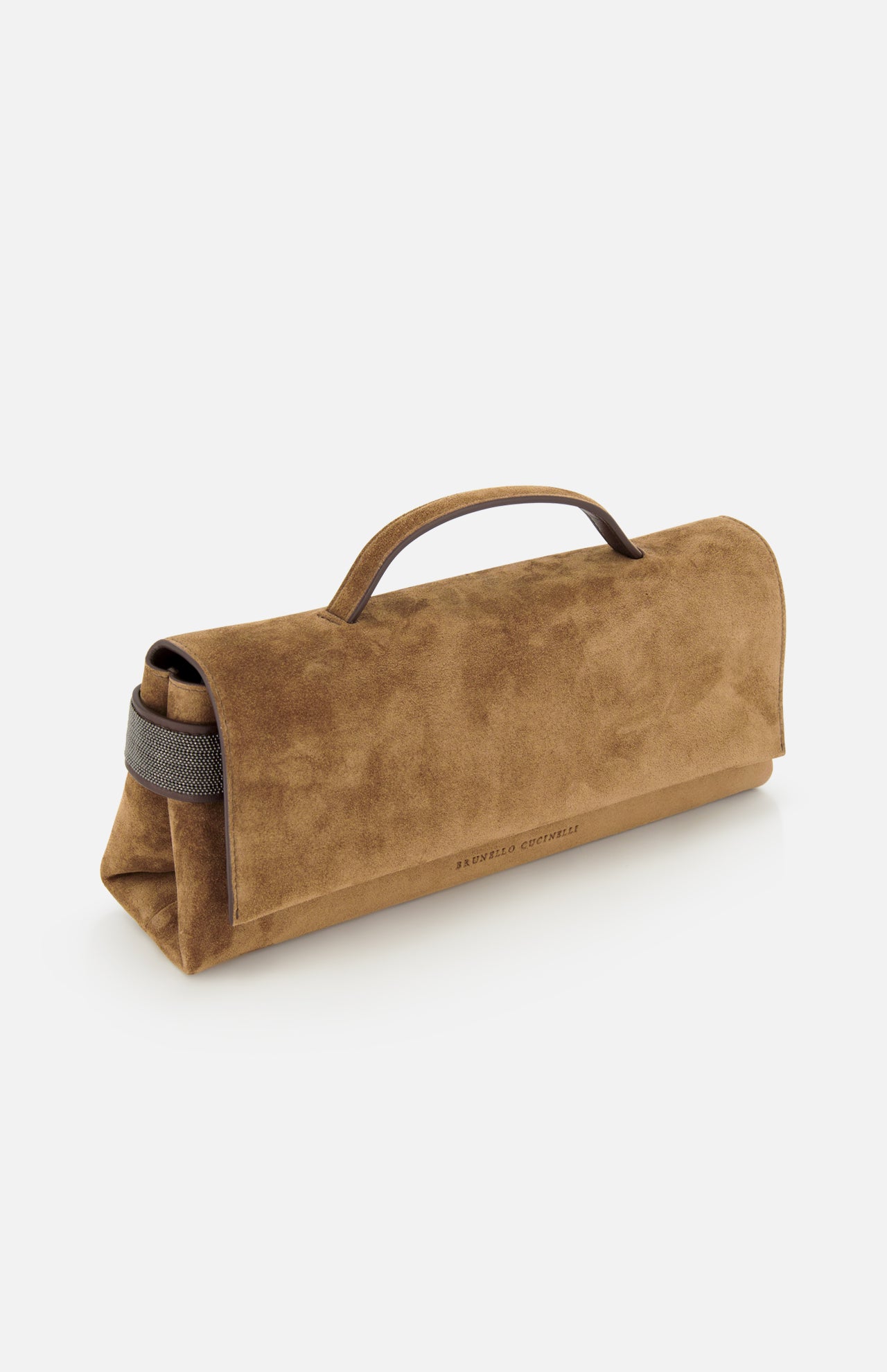 The Essence Suede Top Handle Clutch by BRUNELLO CUCINELLI is a brown suede roll-up bag featuring a handle, a gray strap on one end, and subtle embossed text near the bottom; expertly crafted in Italy and presented against a white background.