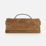 The Essence Suede Top Handle Clutch by BRUNELLO CUCINELLI features a brown suede exterior, a rectangular silhouette, a top handle, and subtle brand embossing on the front. Expertly crafted in Italy, this elegant clutch is showcased against a plain white background.