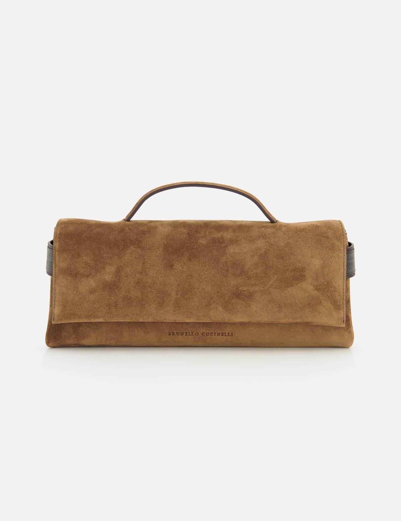 The Essence Suede Top Handle Clutch by BRUNELLO CUCINELLI features a brown suede exterior, a rectangular silhouette, a top handle, and subtle brand embossing on the front. Expertly crafted in Italy, this elegant clutch is showcased against a plain white background.
