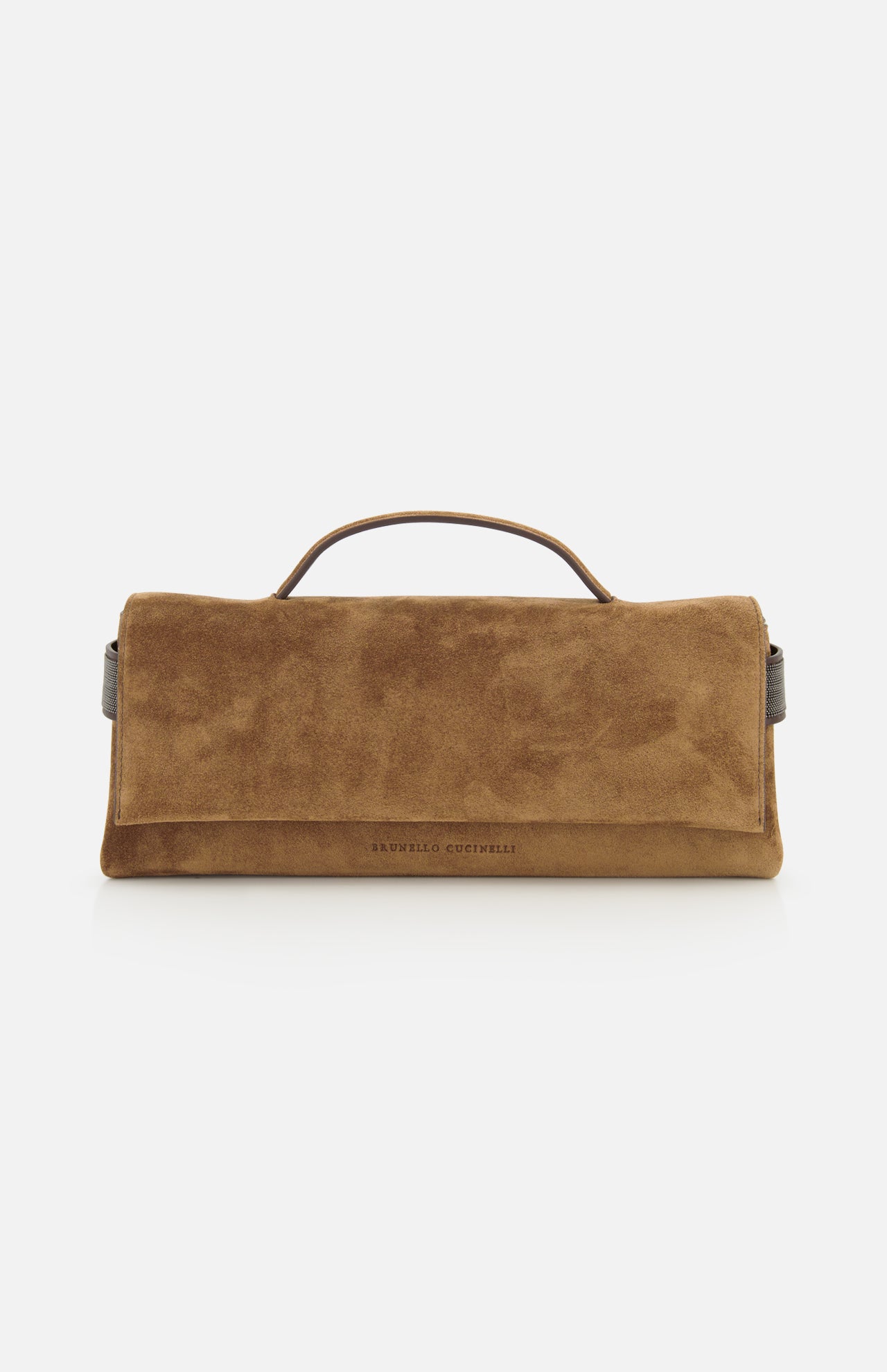 The Essence Suede Top Handle Clutch by BRUNELLO CUCINELLI features a brown suede exterior, a rectangular silhouette, a top handle, and subtle brand embossing on the front. Expertly crafted in Italy, this elegant clutch is showcased against a plain white background.