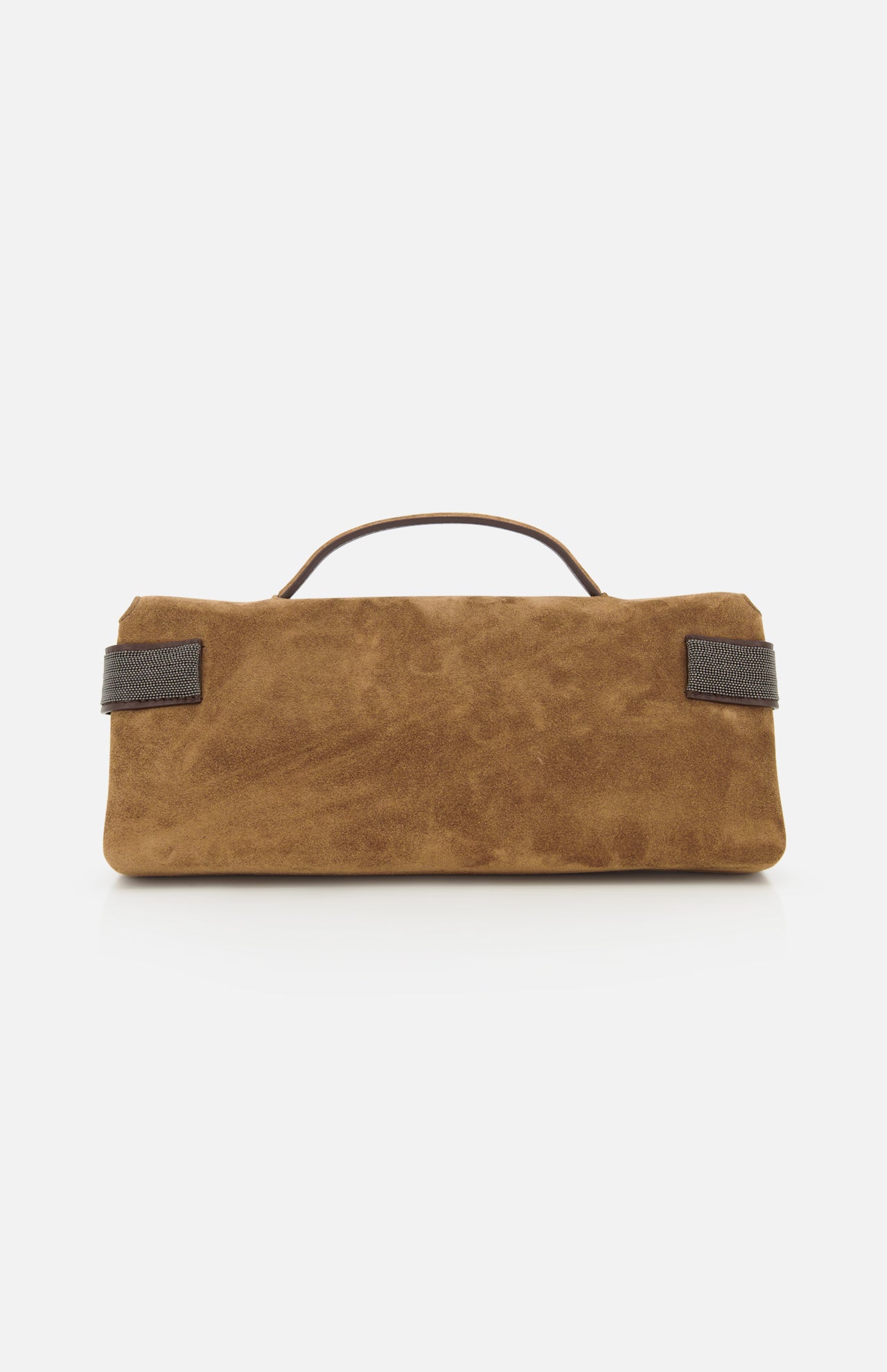 The Essence Suede Top Handle Clutch by BRUNELLO CUCINELLI is a brown suede bag featuring a refined top handle and subtle dark accents on each side, showcased against a plain white background. Expertly crafted in Italy, this elegant accessory exemplifies timeless style and exquisite craftsmanship.