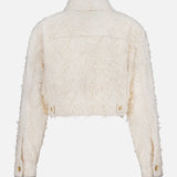 Back view of the BRUNELLO CUCINELLI Fuzzy Cotton Bull Cropped Jacket in cream, featuring a fuzzy texture, long sleeves, and button details at the cuffs and hem, displayed against a plain white background.