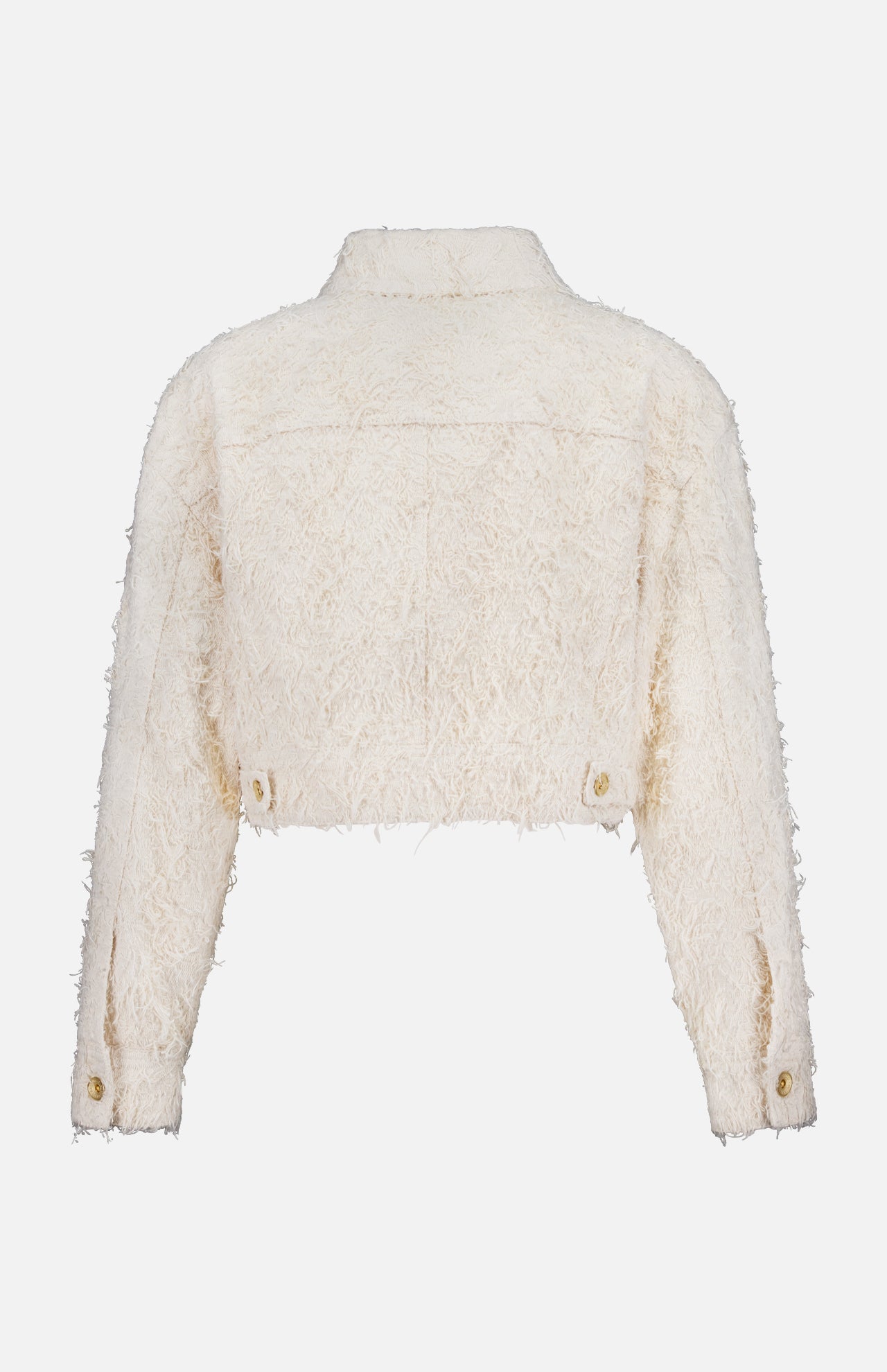 Back view of the BRUNELLO CUCINELLI Fuzzy Cotton Bull Cropped Jacket in cream, featuring a fuzzy texture, long sleeves, and button details at the cuffs and hem, displayed against a plain white background.