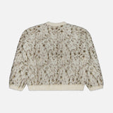 Brunello Cucinelli Jacquard Mohair Knitted Long Sleeve Sweater in a fuzzy, cream-colored lynx jacquard knit with a brown speckled pattern.
